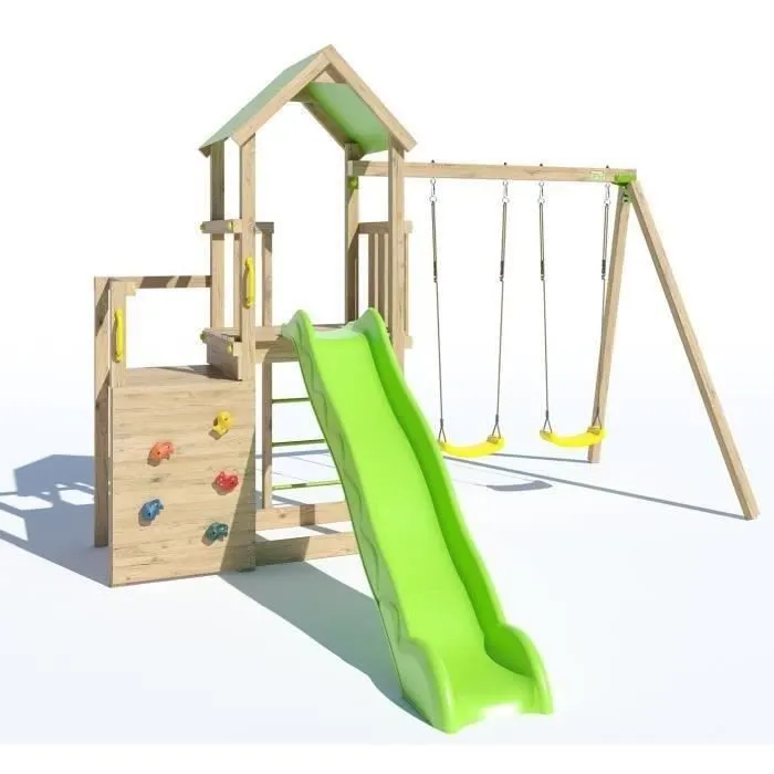 TRIGANO Aire de jeux en bois 2,20 m ULTRA XPERIENCE - Mur d'escalade toboggan et balançoires - 8 enfants